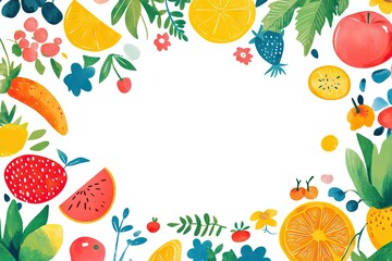 Colorful border of fresh fruits and vegetables with vibrant floral accents for culinary designs and projects