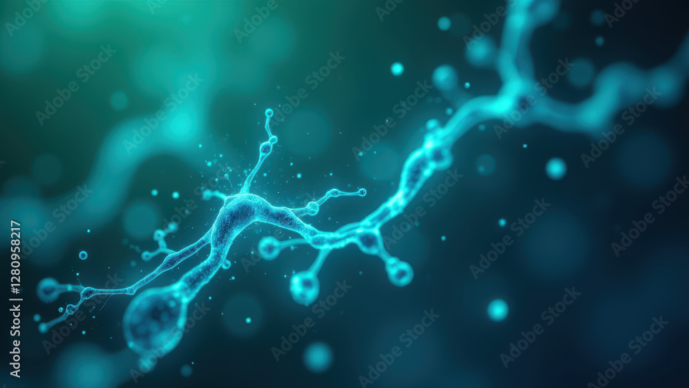 Poster a microscopic view of a glial cell with semaglutide in focus against a blurred background of other c