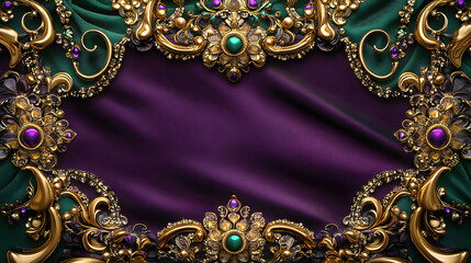 Exquisite ornate frame displays rich purple fabric surrounded by gold and jewel accents in intricate design