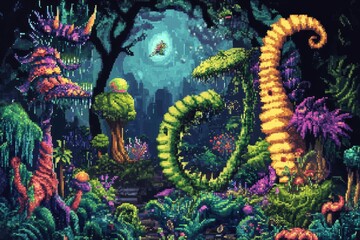 Obraz premium Pixelated fantasy forest, vibrant plants, glowing moon.