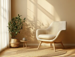 An elegant chair sits near a window with a potted plant