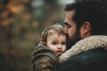 Obraz premium The father hugged and kissed the lovely child