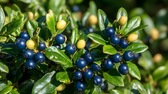 Vibrant Blue Berries on Lush Green Bush Closeup