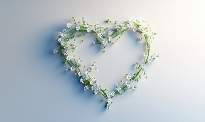 Heart-shaped arrangement of delicate white flowers on a soft gradient background