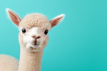 Fototapeta premium Funny white alpaca on blue background