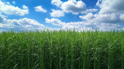 Natural scenery of a farmland with tall green crops, under a partly cloudy blue sky.