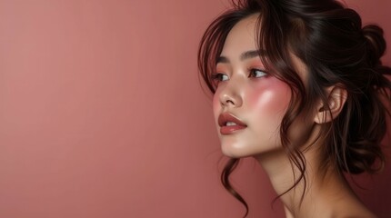 A woman with red hair and red lipstick is standing in front of a red background. She has a confident and bold look on her face