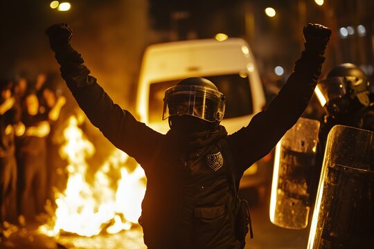 A photo of an angry man in a black jacket and helmet, with raised hands on the street surrounded by police officers in full gear during a violent protest, Generative AI