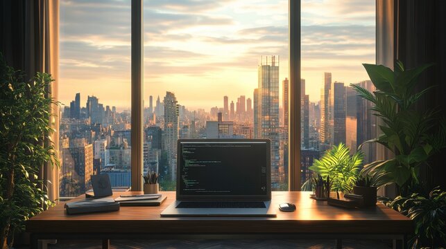 A sleek workspace with a laptop, overlooking a vibrant city skyline at sunset, surrounded by plants, creating a serene and inspiring atmosphere.