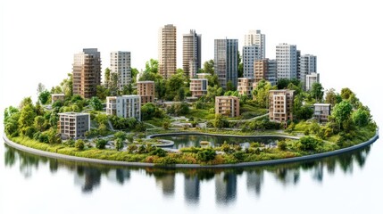 Obraz premium A city is shown in a circular shape with a body of water in the middle