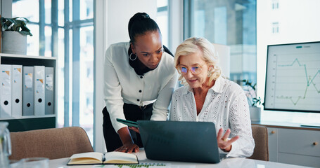 Financial, office and women with laptop, feedback and manager for discussion, training and graphs. Documents, teamwork and people with tablet, growth strategy or digital project report for accounting