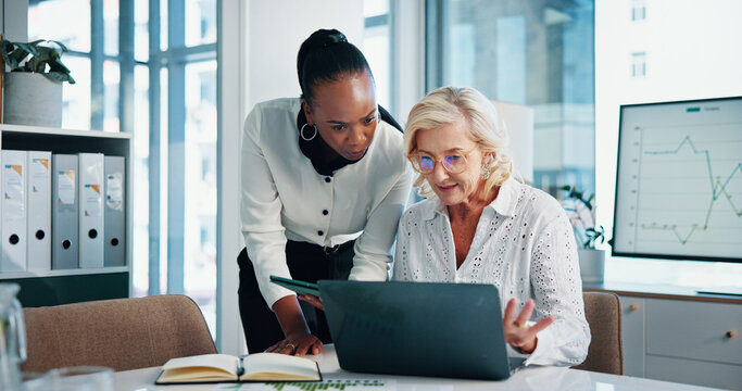 Financial, office and women with laptop, feedback and manager for discussion, training and graphs. Documents, teamwork and people with tablet, growth strategy or digital project report for accounting