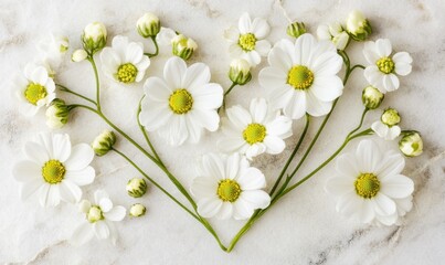Obraz premium Heart-shaped arrangement of white flowers on a marble surface, creating a serene and romantic atmosphere