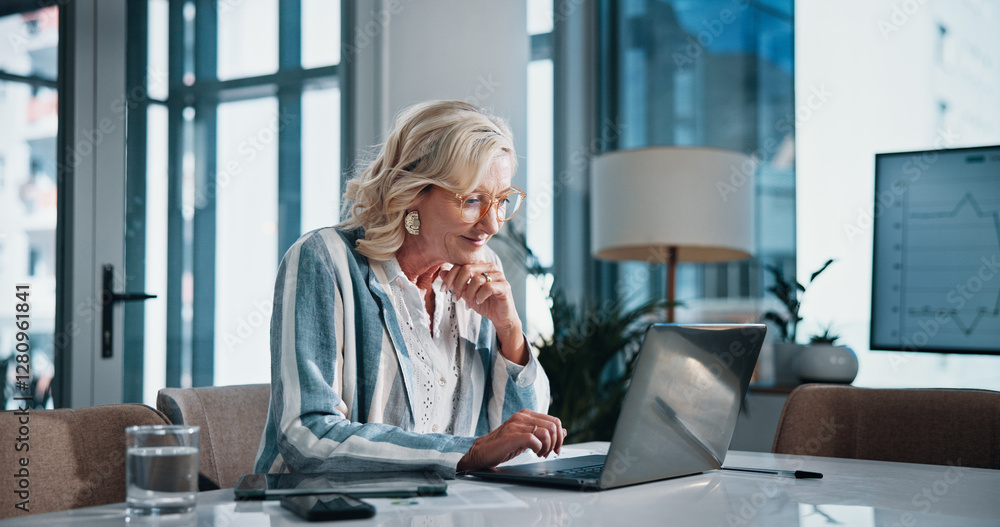 Aufkleber decision, thinking and woman in office, laptop and internet with problem solving, network and planni