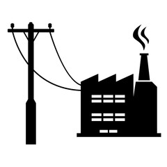 Industrial Factory Warehouse Building connected to the Electrical Power Smart Grid Control - Black Icon Silhouette Vector