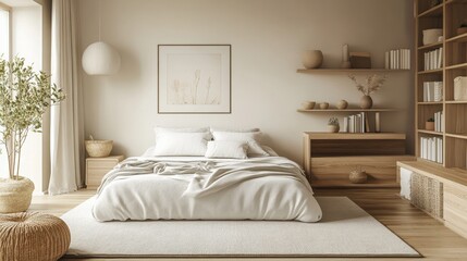 A modern scandinavian styled bedroom with a neutral color palette and a functional layout. 
