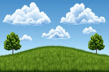 Fototapeta premium Countryside landscape with green grass, trees, sky horizon and clouds Rural summer scenery with grassland, panoramic view Calm nature panorama Country environment Flat vector illustration