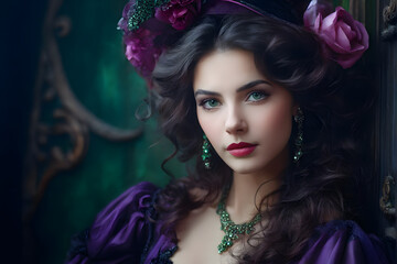 Naklejka premium A woman with long dark hair and purple dress is wearing a flowery hat