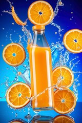 commercial image depicting a bottle of fresh orange juice