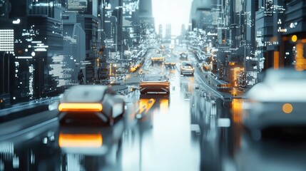 Fototapeta premium A futuristic cityscape filled with sleek vehicles. showcasing innovation, technology, and urban development. Ideal for sci-fi themes, future concepts, transportation, and city planning visuals.