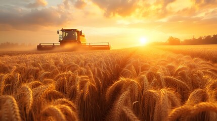 Fototapeta premium Sunset Wheat Harvesting with Combine Harvester in Golden Field design, Summer Agriculture Scene, Rural Farm Landscape design,