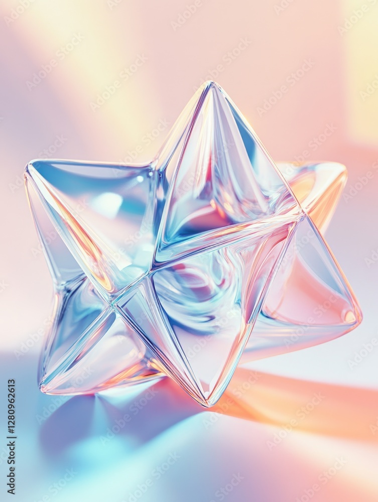 Poster transparent clear glass star with symmetrical surfaces reflecting and refracting light in a multicol