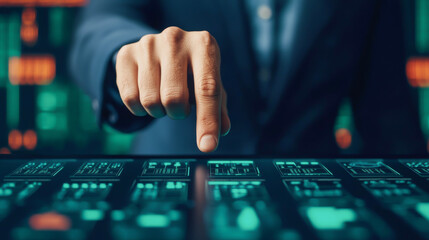 A business professional interacting with a digital touchscreen interface.