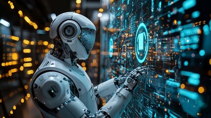 Fototapeta premium Advanced humanoid robot interacting with a futuristic digital security interface, representing AI-driven cybersecurity and data protection.