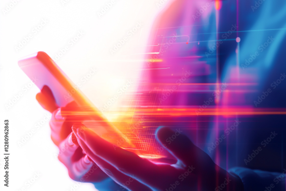 Poster abstract representation of smartphone interaction with vibrant light trails.