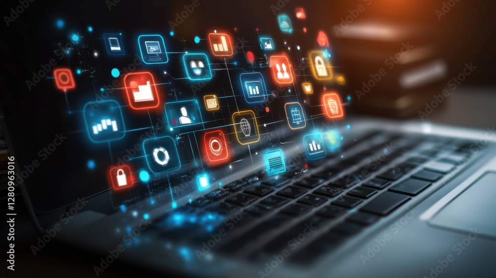 Poster a laptop displaying numerous icons on its screen, showcasing various applications and files, indicat