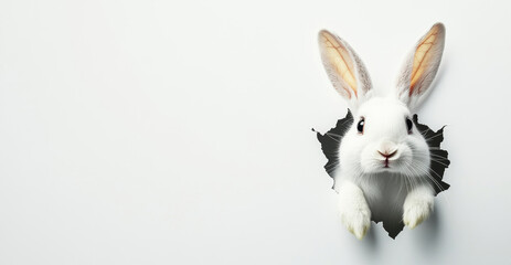 Obraz premium A charming white bunny is playfully peeking through a torn section of white wall, bringing a festive and whimsical touch to an Easter celebration.