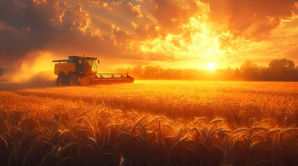 Naklejka premium Sunset Wheat Harvesting with Combine Harvester in Golden Field design, Summer Agriculture Scene, Rural Farm Landscape design,