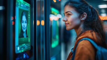Obraz premium Young woman using advanced facial recognition system for secure authentication in a futuristic setting with biometric verification technology.