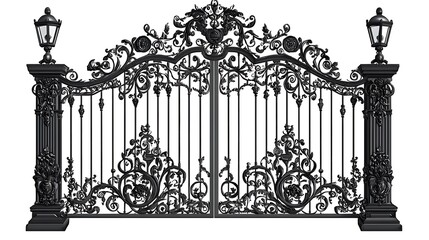 A simple clipart an elegant, ornate gate with symmetrical designs and scrollwork, isolated on a white background.