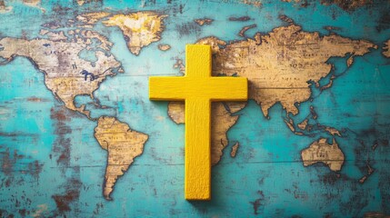 Yellow cross on rustic world map background symbolizing global christianity