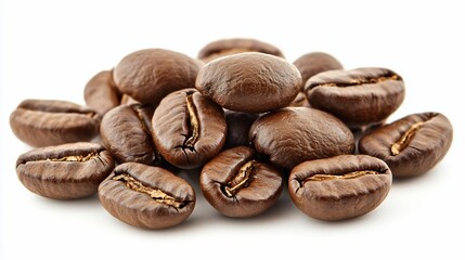 Naklejka premium Roasted coffee beans, close-up, white background, food photography, for cafe menus
