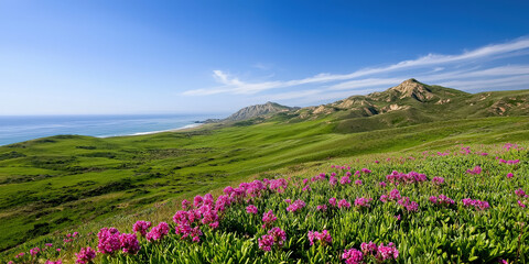 Obraz premium A vibrant landscape featuring blooming flowers in the foreground, rolling green hills, and a scenic coastal view under a clear blue sky.