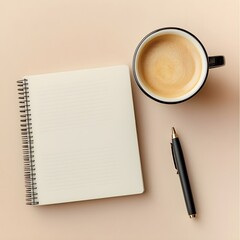 Espresso Cup with Notebook and Pen on Beige Background