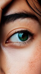 Obraz premium Close-up of a woman's striking green eye, highlighted by natural light. A subtle, pensive mood.