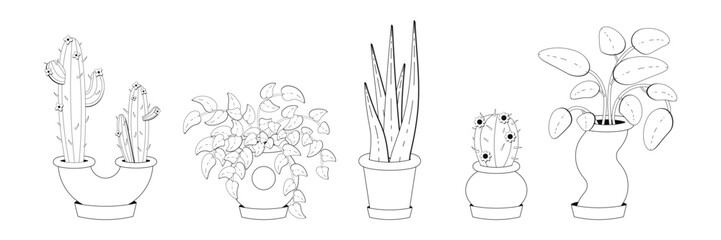 Creative indoor plants in retro linear style featuring y2k design with unique pots and botanical elements for a fresh vintage aesthetic.