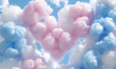 Fototapeta premium Heart-shaped pink and blue clouds in a bright blue sky, evoking a dreamy and whimsical atmosphere