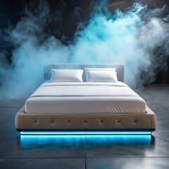 Luxurious Modern Bed with Blue LED Lighting in a Smoky Setting