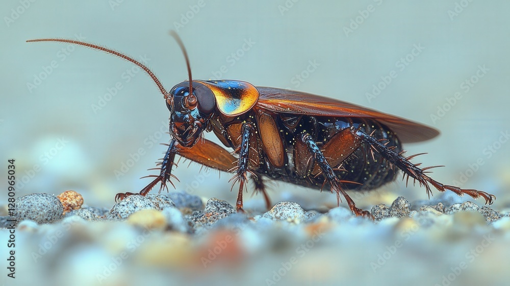 Poster close-up of a cockroach crawling on a textured surface with blurred background details