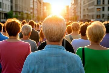 Obraz premium Crowd of people walking busy city street backlit