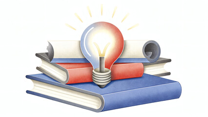 journey concept of growth mindset and lifelong learning. a glowing lightbulb surrounded by books and scroll