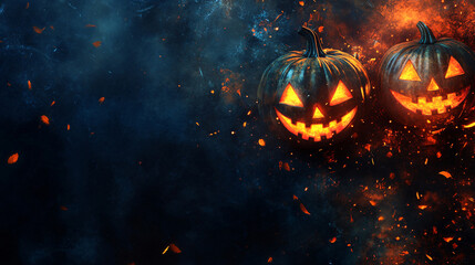 Two halloween pumpkins with glowing eyes in a dark and spooky atmosphere are surrounded by smoke and embers