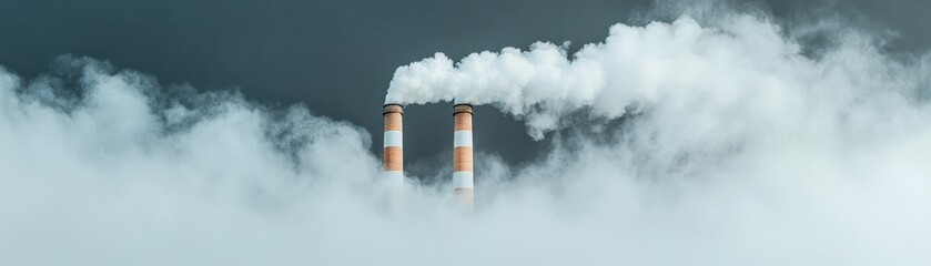 Industrial smokestacks releasing white smoke into a cloudy sky over a foggy landscape at dawn