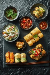 Colorful and varied food on a table with chopsticks, ready to be served.