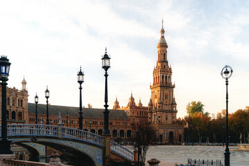 Naklejka premium Plaza de Espana in seville at sunset: architectural beauty and historic charm. Spain Square, Plaza de Espana