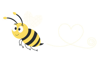 Bee flight trajectory. Bee flies along a dotted line in the shape of a heart. Vector illustration.